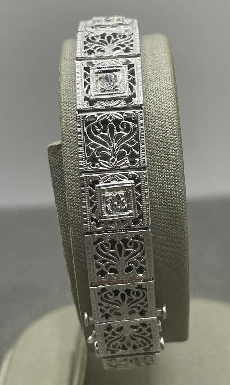14K White Gold Art Deco Style Filigree Square Links W/ Diamonds Bracelet (26092)